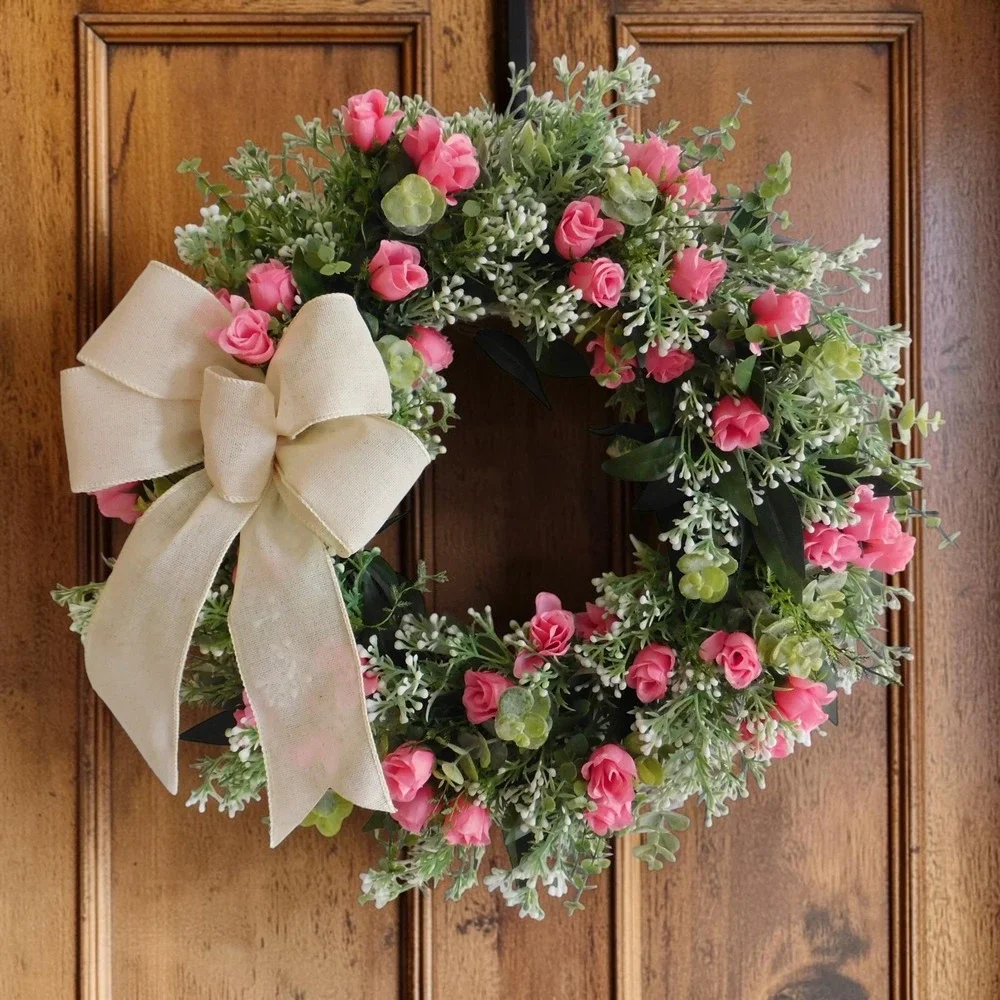 Dusty Miller Rosebud Spring Summer Wreath for Front Door Eucalyptus Pink Roses‎